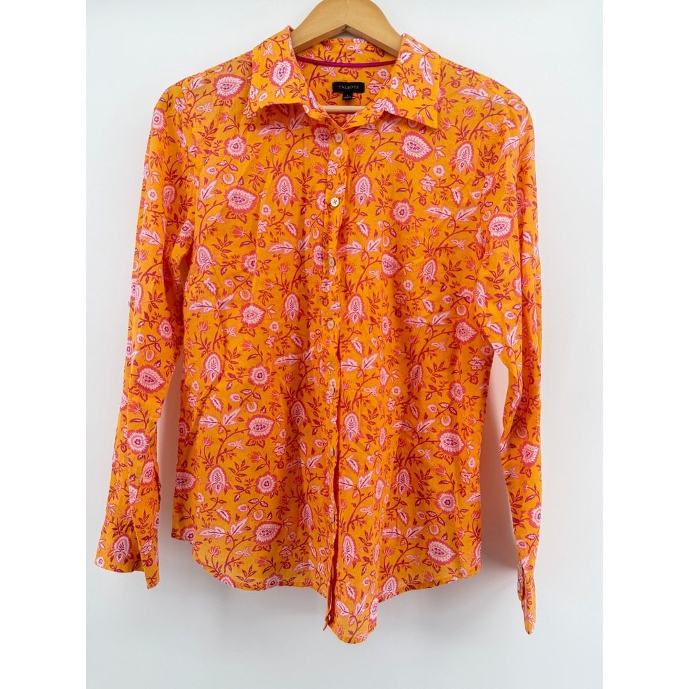 Talbots Boho Small Orange Pink Floral Paisley 100% Cotton Button Down Shirt Top